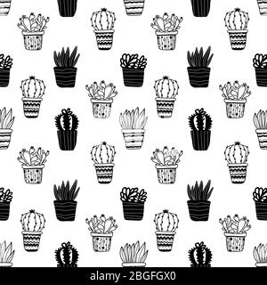 Seamless pattern with potted plants cactuses and succulents in doodle style isolated on white background. Vector illustration Stock Vector