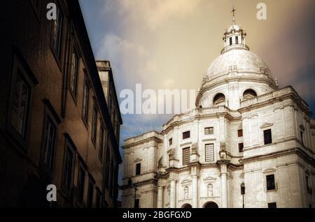 Exterior view with sunset cloudy sky of the white dome and facade of the Pantheon in Lisbon, Portugal, national monument Stock Photo