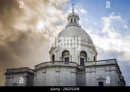 Exterior view with sunset cloudy sky of the white dome and facade of the Pantheon in Lisbon, Portugal, national monument Stock Photo