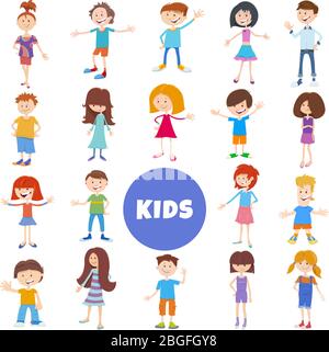 Cartoon Illustration of Funny Children and Teenagers Characters Large Set Stock Vector