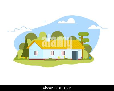 Old house in village. White clay house with straw roof and small windows on nature background in countryside. Traditional ukrainian home, surrounded b Stock Vector