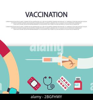 Vaccination concept banner poster template with syringe and medical icons. Vector illustration Stock Vector