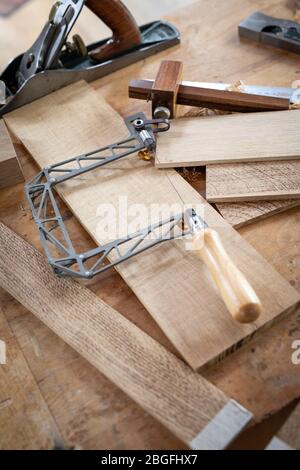 Carpentry tools on a workbench. Stock Photo