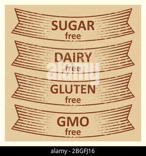 Vintage style gluten free, sugar free, dairy free, gmo free banners design. Vector illustration Stock Vector