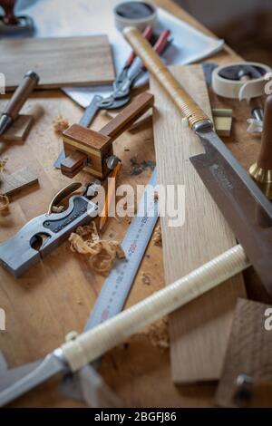 Carpentry tools on a workbench. Stock Photo