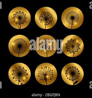 Dandelion flowers silhouettes on golden backdrop isolated on black. Vector illustration Stock Vector