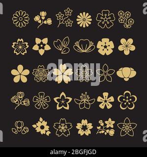 Big set of golden blossom flowers, leaves and branches. Vector illustration Stock Vector