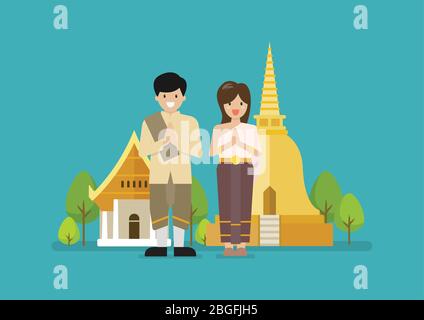 Thai man and woman wearing typical Thai dress with temple in background. Vector illustration Stock Vector
