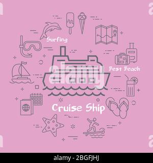 Vector linear concept of summer time with cruise ship icon Stock Vector
