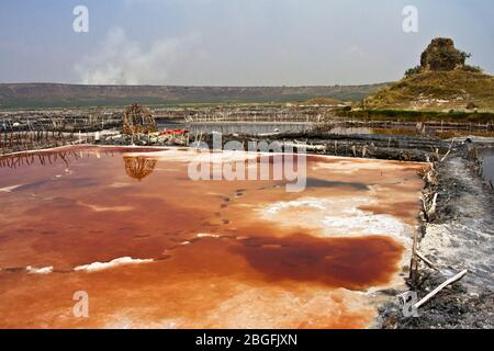 The red discolouration is from algeal bacetria that can survive in such inhospitable environs as the salt lakes of the Craters in QENP Stock Photo