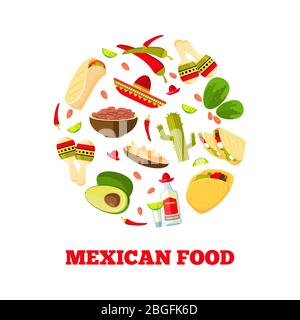 Mexican cuisine cartoon vegetables, food and drinks logo design in round form. Vector illustration Stock Vector