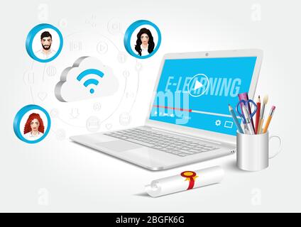 E-learning - the internet as a knowledge base that gives new learning opportunities. Stock Vector