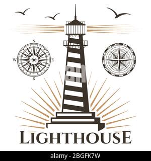 Sea nautical lighthouse and vintage compasses emblem and logo label. Vector illustration Stock Vector