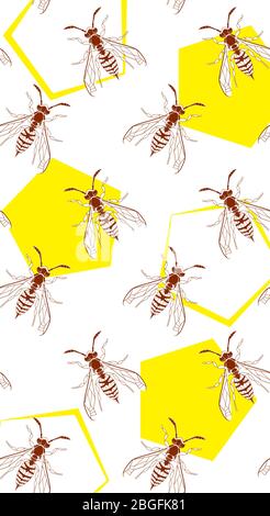 Wasp insect geometric vertical seamless wallpaper. Dangerous yellow bugs cover on white backdrop. Vector Bumblebee drawing mobile banner. Wild Nature graphic print. Stock Vector