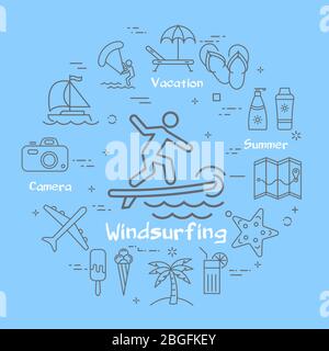 Vector linrar blue concept of summer time with windsurfing icon Stock Vector
