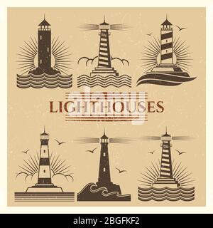 Vintage retro grunge lighthouses logos and label vector set illustration Stock Vector