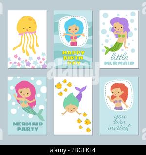 Pretty baby mermaids birthday greeting card vector templates. Mermaid invitation to birthday party illustration Stock Vector