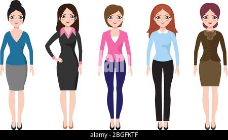 Young girl standing in different casual clothes isolated. Businesswoman in dress and pants vector set. Woman adult, businesswoman character in formal clothing illustration Stock Vector