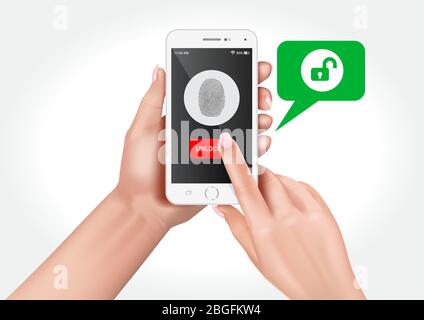 Vector graphics showing hands holding a smartphone with fingerprint protection. Stock Vector