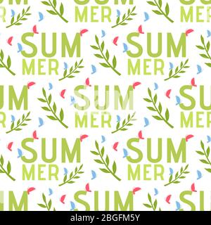 Summer Word Seamless Pattern in Natural Style. Holidays and Vacation, Rest and Recreation Theme. Flat Vector Illustration with Letter, Plants Leaves, Stock Vector
