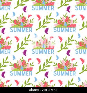 Floral Seamless Pattern with Lettering Summer. Endless Vector Illustration. Colored Butterflies, Plants Leaves and Word Advertising Vacation and Greet Stock Vector