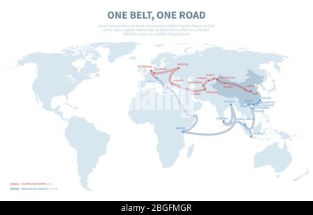 Asia and Europe international transit way. Chinese transport new silk road. Export and import path globe map vector illustration. Map road transit pathway asia and europe Stock Vector