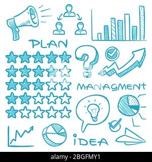Doodle rating stars, growth charts and business diagrams vector hand drawn set. Chart and graph, success rating graphic, scribble sketch illustration Stock Vector