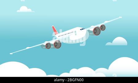 Vector illustration of plane in the sky over the clouds. Flat design ...