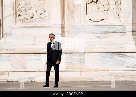 andrea bocelli during Andrea Bocelli at the Duomo Cathedral, Music Concert, Duomo Milano, Milan, Italy, April 12 2020 Stock Photo