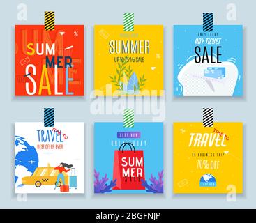 Decorative Sales Tags for Shopping and Travel Set. Vector Labels with Promotion Text. Special Summer Offers Banners. Seasonal Discounts Stickers. Book Stock Vector