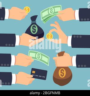Mans hand holding cash, coins, banknotes and credit card isolated. Paying and earnings icons vector set. Money finance buy and payment, cash dollar and bag money illustration Stock Vector