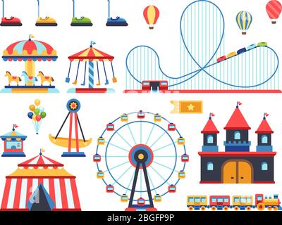 Amusement park attractions. Train, ferris wheel, carousel and roller coaster flat vector icons. Amusement and carousel, park with circus and festival entertainment illustration Stock Vector