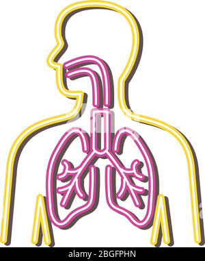 Retro style illustration showing a 1990s neon sign light signage lighting of a human respiratory system on isolated background. Stock Vector
