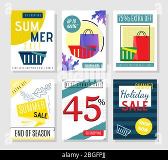 Cartoon Summer Sales Cards and Discount Flyers for Holiday Set in Different Composition and Design. Ad Covers for Online Shop. Print Promo Vouchers an Stock Vector