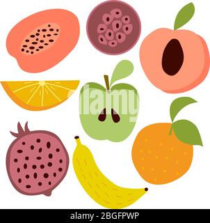 Vector set of fruits on a white background in a flat style. For the design of postcards, signs, menus, prints for wrapping paper, textiles, pillows Stock Vector