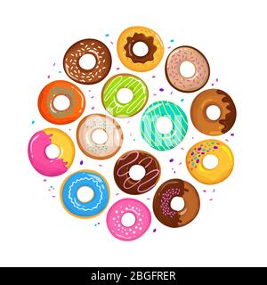 Sweet cartoon donuts in round form vector. Illustration of donut food dessert, sweet bakery Stock Vector