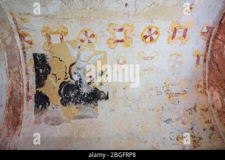 Remains of mural paintings in Pre-Romanesque church San Salvador de Valdediós in vicinities of Oviedo, Asturias, Spain Stock Photo