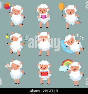 Cute baby sheep. Funny cartoon woolly lamb vector characters. Illustration of cartoon character white sheep Stock Vector