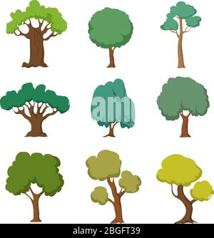 Cartoon green trees. Cute nature forest plant and bushes vector set isolated on white background. Forest tree and green bush, cartoon plant illustration Stock Vector