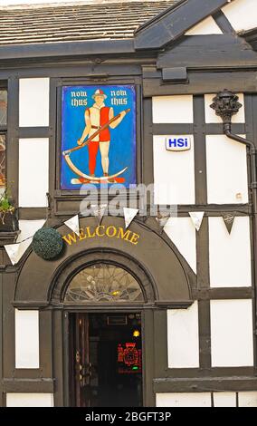 The front entrance to  Ye Old Man and Scythe in Bolton town centre,built 1251 AD Stock Photo