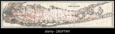 Long Island Map published 1892, a digitally restored historic map, showing roads and railroads towards end of the 19th Century. Shows distances from New York City Hall. Stock Photo