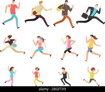 Various running people. Hurrying active male, female and kids vector set. Man and woman run, sport jogging exercise, athlete people training illustration Stock Vector