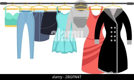 Female clothing wardrobe. Ladies colorful casual clothes hanging on rack vector illustration. Wardrobe lady with dress and clothing Stock Vector