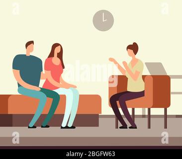 Patient on couch counseling with psychologist. Addiction mental therapy vector concept. Psychotherapy and psychiatry, problem patient illustration Stock Vector