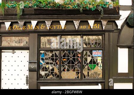 The front leaded window of Ye Old Man and Scythe in Bolton town centre,built 1251 AD Stock Photo