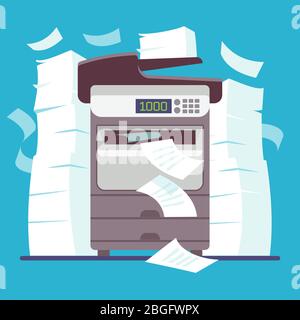 Multifunction office printer, computer scanner printing and copying paper documents cartoon vector illustration. Printer office, scanner machine, digital device photocopier Stock Vector