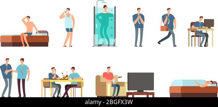 Man in everyday life. People daily routine vector cartoon businessman characters set. Work character everyday, man life and business illustration Stock Vector