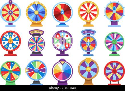 Fortune wheels flat icons set. Spin lucky wheel casino money game symbols. Fortune wheel game, gamble roulette play. Vector illustration Stock Vector