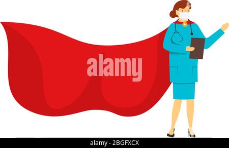 Super hero female doctor in protection face mask wearing red superhero cloak isolated on white background. Flat vector cartoon character woman of heroic hard work medical profession eps illustration Stock Vector