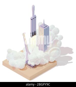 Vector isometric heavy space rocket launch. Modern spaceship launch pad. Rocket lifts off from the launch platform Stock Vector